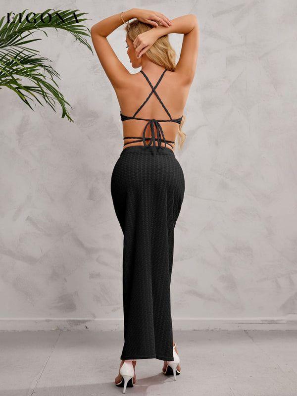 Women's Solid Color Halter Neckline Wrap Around The Top And Midi Slit Skirt Set clothes sets