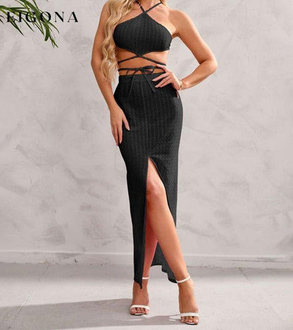 Women's Solid Color Halter Neckline Wrap Around The Top And Midi Slit Skirt Set clothes sets