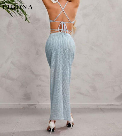 Women's Solid Color Halter Neckline Wrap Around The Top And Midi Slit Skirt Set clothes sets