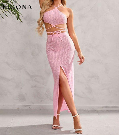 Women's Solid Color Halter Neckline Wrap Around The Top And Midi Slit Skirt Set clothes sets