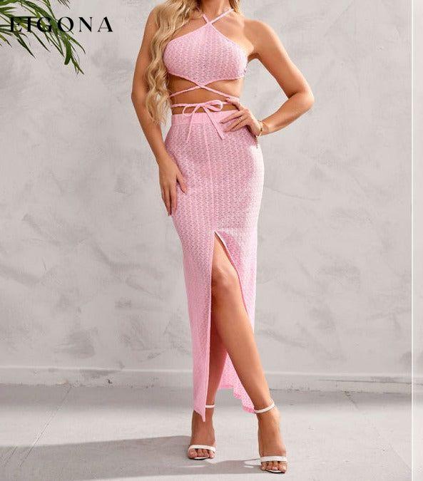 Women's Solid Color Halter Neckline Wrap Around The Top And Midi Slit Skirt Set clothes sets