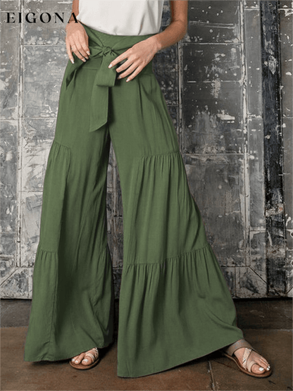 Women's woven strap elastic waist this kind of wide-leg A-type casual trousers Olive green bottoms clothes pants Women's Bottoms