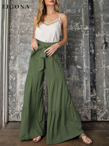 Women's woven strap elastic waist this kind of wide-leg A-type casual trousers bottoms clothes pants Women's Bottoms