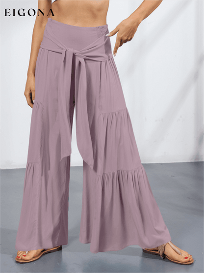 Women's woven strap elastic waist this kind of wide-leg A-type casual trousers dark purple bottoms clothes pants Women's Bottoms