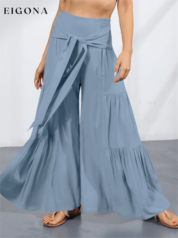 Women's woven strap elastic waist this kind of wide-leg A-type casual trousers Clear blue bottoms clothes pants Women's Bottoms