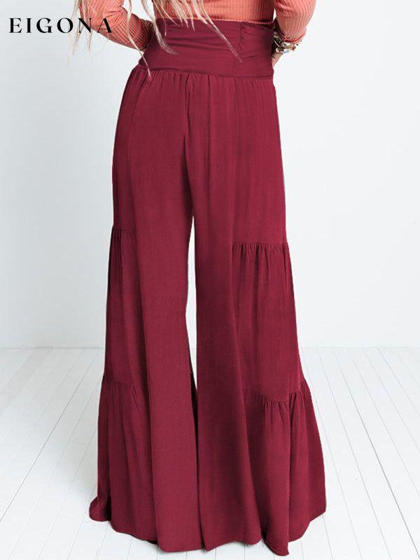Women's woven strap elastic waist this kind of wide-leg A-type casual trousers Wine Red bottoms clothes pants Women's Bottoms