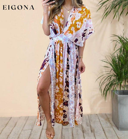 New bat sleeve v-neck printed beach dress sexy long skirt Clothes