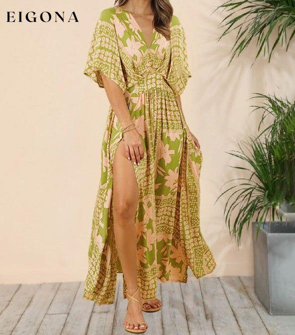 New bat sleeve v-neck printed beach dress sexy long skirt Clothes