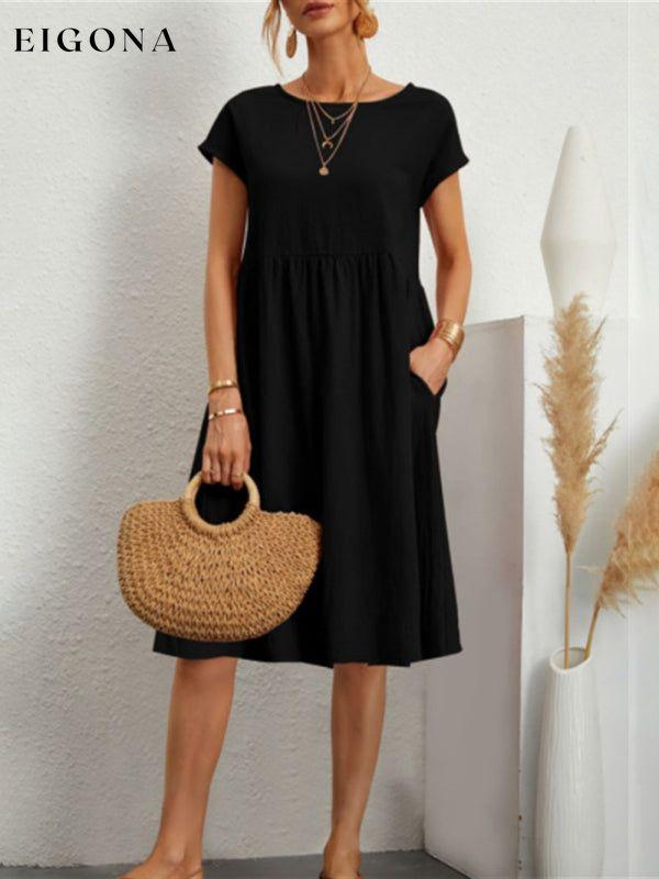Women's Solid Color Cotton Linen Round Neck A-Line Dress Black clothes