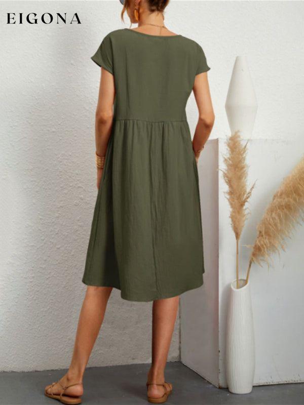 Women's Solid Color Cotton Linen Round Neck A-Line Dress clothes
