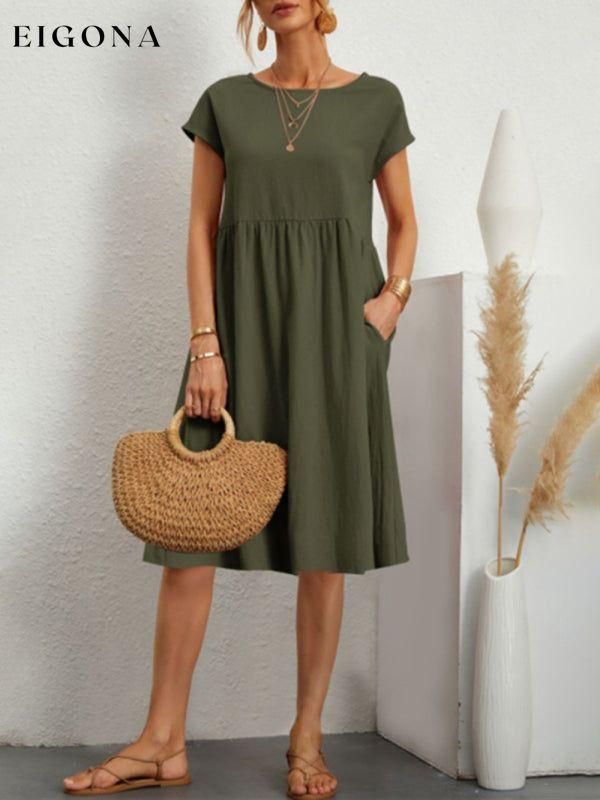 Women's Solid Color Cotton Linen Round Neck A-Line Dress Green clothes