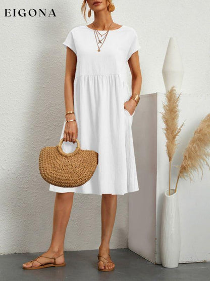 Women's Solid Color Cotton Linen Round Neck A-Line Dress White clothes
