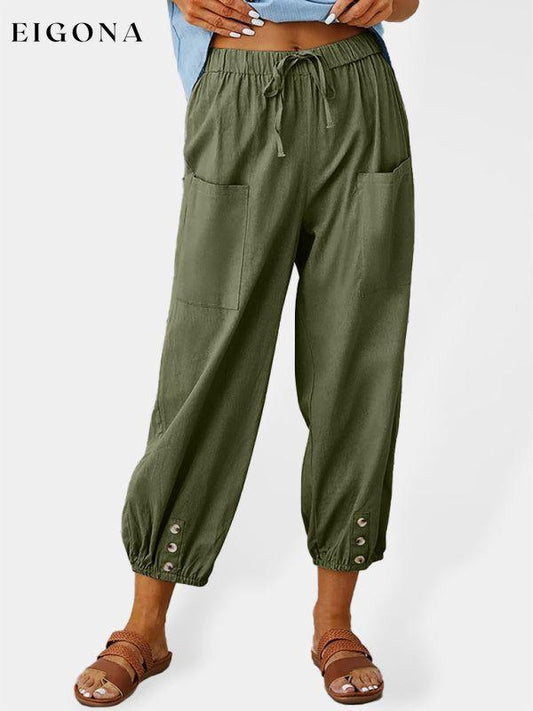 Loose high-waisted button-down cotton and linen cropped trousers wide-leg women's trousers Olive green clothes