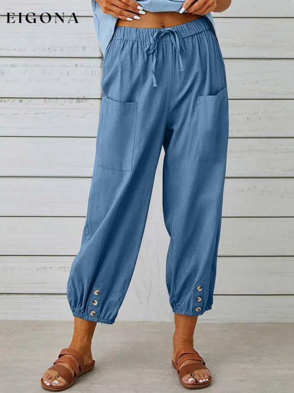 Loose high-waisted button-down cotton and linen cropped trousers wide-leg women's trousers Clear blue clothes