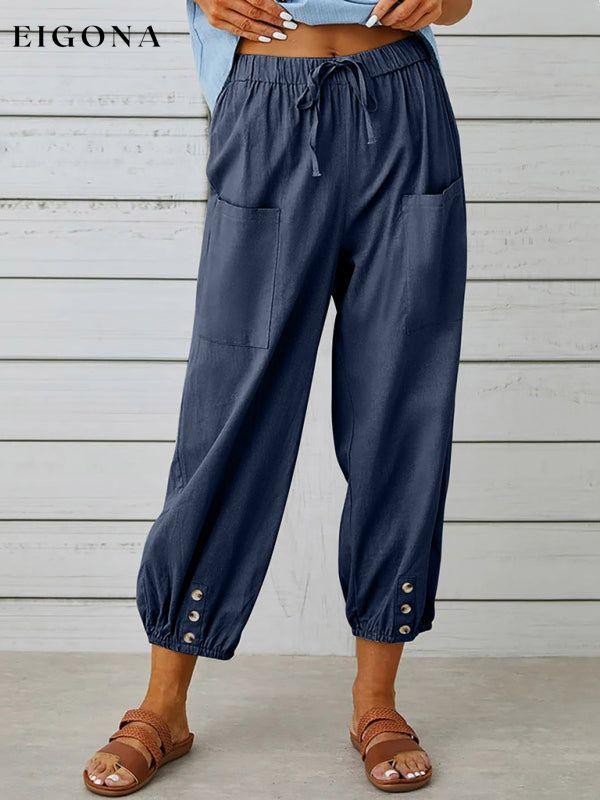 Loose high-waisted button-down cotton and linen cropped trousers wide-leg women's trousers Champlain color clothes