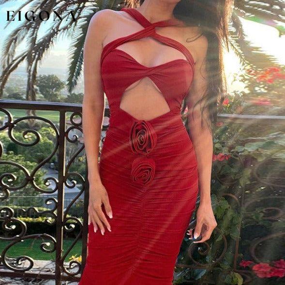 Women's Solid Color Halter Neckline Cutout Waist Jersey Grown Clothes