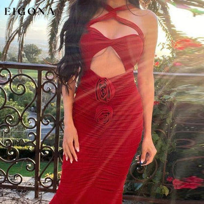 Women's Solid Color Halter Neckline Cutout Waist Jersey Grown Red Clothes