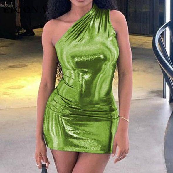 New Sexy Slim Solid Color Slant Shoulder Sleeveless Hip Dress Green clothes dress dresses one shoulder dress one shoulder dresses one sleeve dress one sleeve dresses short dress short dresses short sleeve tight dresses