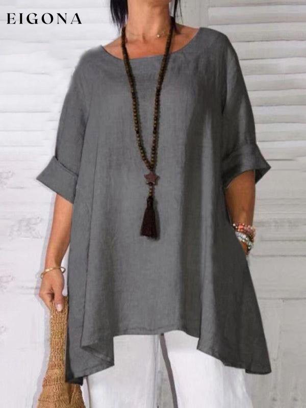 Women's Round Neck Asymmetric Hem Solid Short Sleeve Shirt Grey clothes