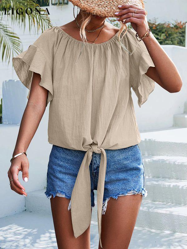 Women's Solid Color Tie Waist Off The Should Blouse clothes shirt shirts short sleeve short sleeve shirt top tops Tops/Blouses