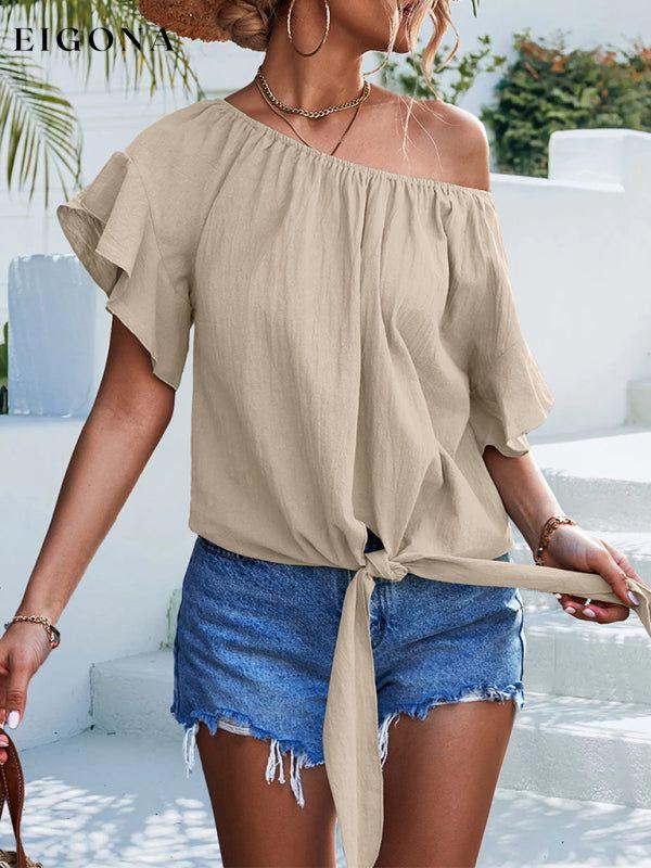 Women's Solid Color Tie Waist Off The Should Blouse Cracker khaki clothes shirt shirts short sleeve short sleeve shirt top tops Tops/Blouses