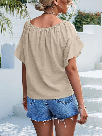 Women's Solid Color Tie Waist Off The Should Blouse clothes shirt shirts short sleeve short sleeve shirt top tops Tops/Blouses