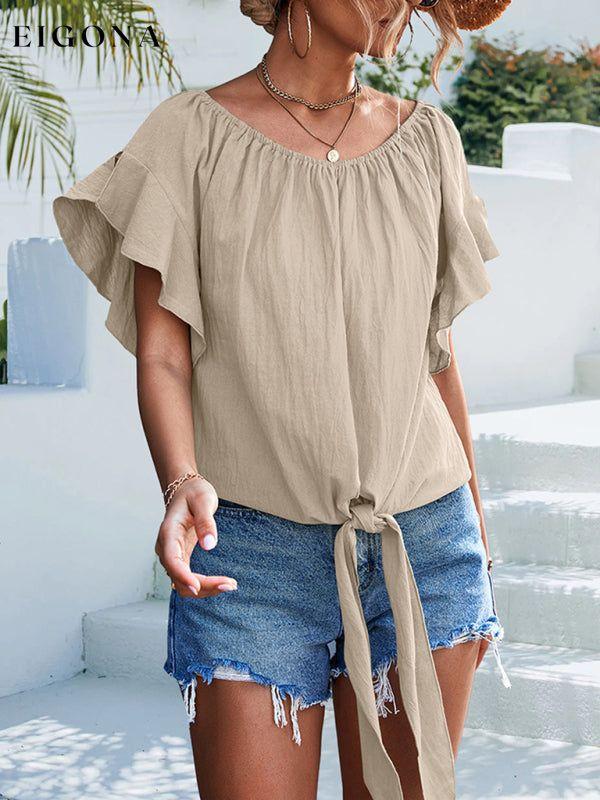 Women's Solid Color Tie Waist Off The Should Blouse clothes shirt shirts short sleeve short sleeve shirt top tops Tops/Blouses