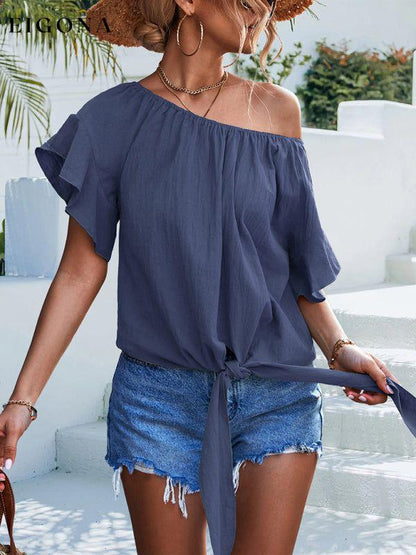 Women's Solid Color Tie Waist Off The Should Blouse Purplish blue navy clothes shirt shirts short sleeve short sleeve shirt top tops Tops/Blouses