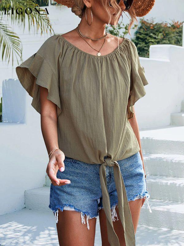 Women's Solid Color Tie Waist Off The Should Blouse clothes shirt shirts short sleeve short sleeve shirt top tops Tops/Blouses