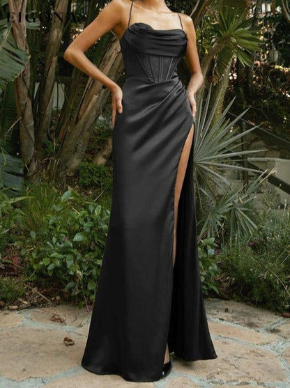 Sexy Sleeveless Strap Chest Pleated Backless Gown Dress Black back tie dresses backless dress backless dresses clothes dress dresses evening dress formal dress maxi dress slit dress