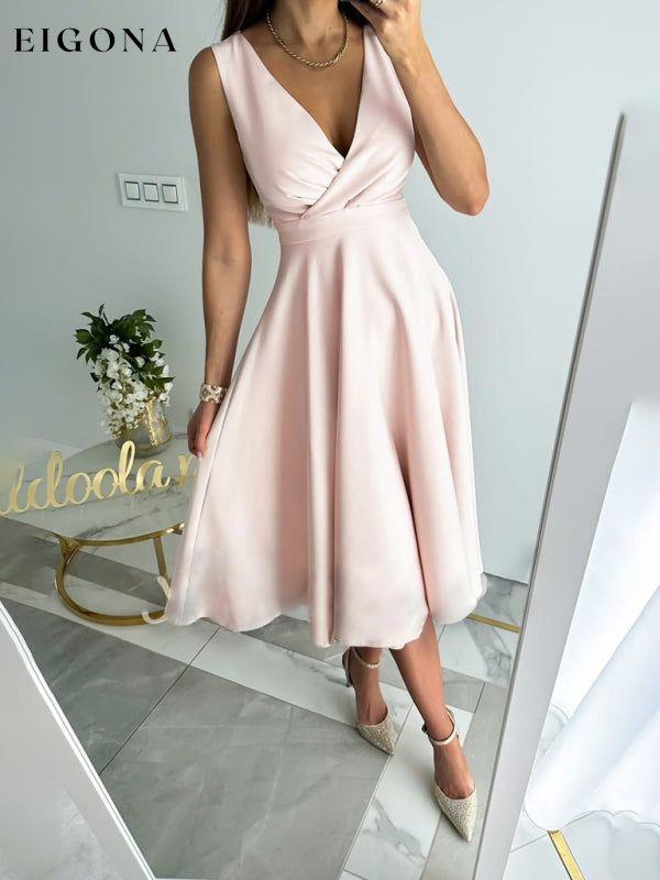 Women's Elegant Solid Color V-Neck Gathered Swing Dress clothes dress dresses