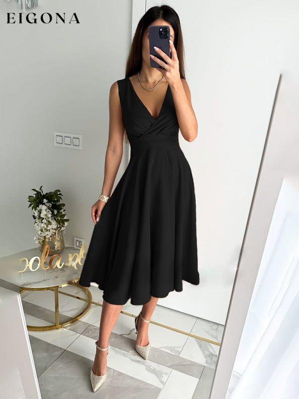 Women's Elegant Solid Color V-Neck Gathered Swing Dress clothes dress dresses