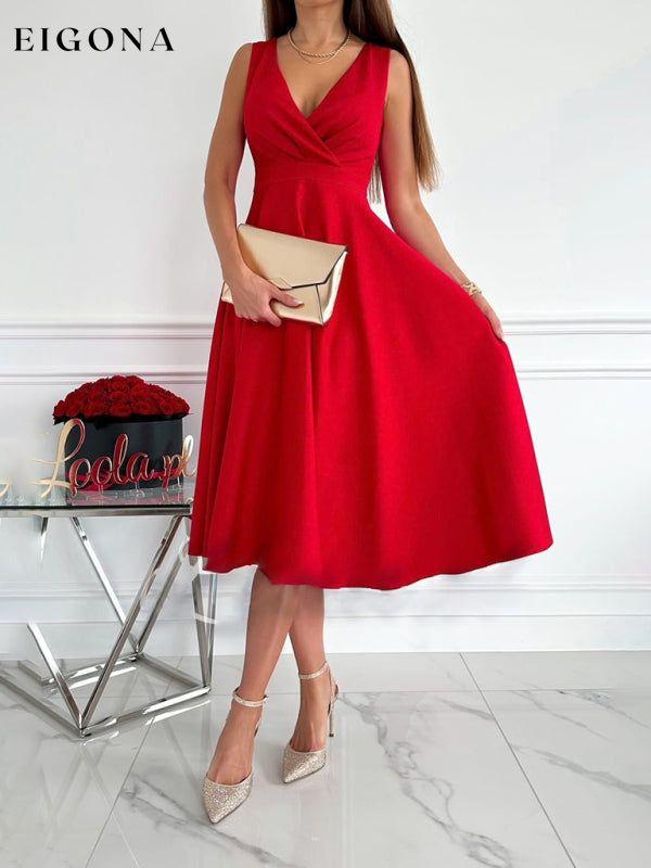 Women's Elegant Solid Color V-Neck Gathered Swing Dress Red clothes dress dresses