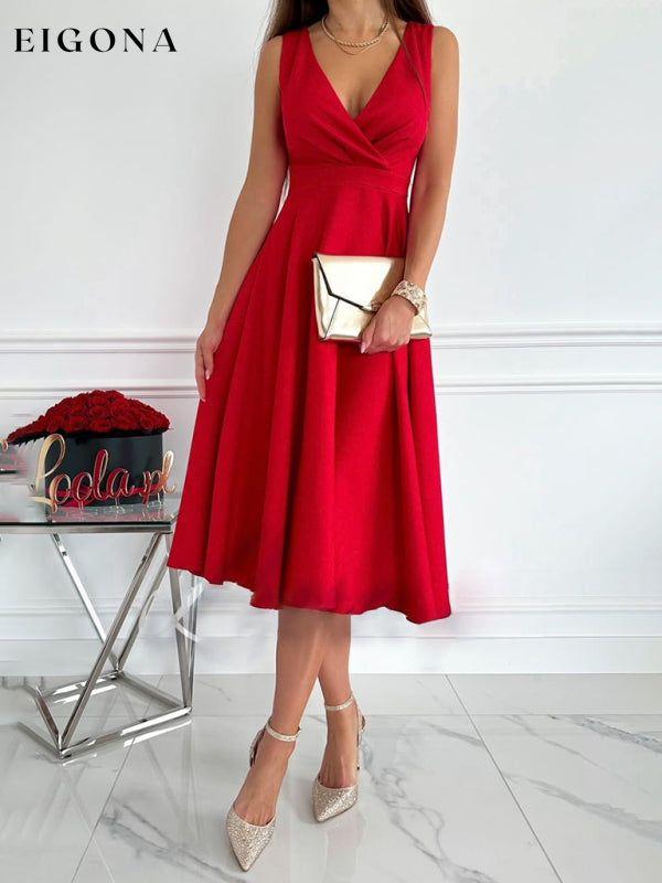 Women's Elegant Solid Color V-Neck Gathered Swing Dress clothes dress dresses