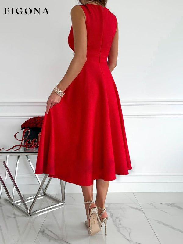 Women's Elegant Solid Color V-Neck Gathered Swing Dress clothes dress dresses