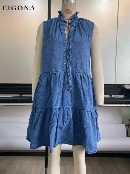 Women's loose V-neck A-line strappy sleeveless denim dress Clothes