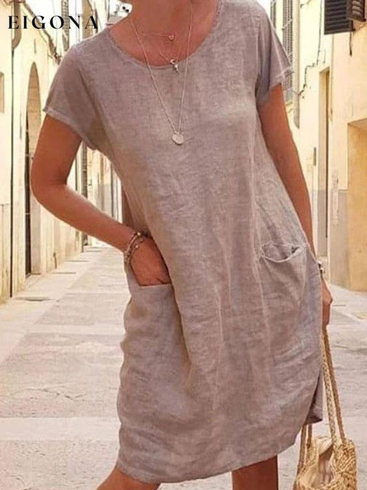 New Loose Solid Color Pocket Short Sleeve Round Neck Cotton Linen Dress Khaki Clothes