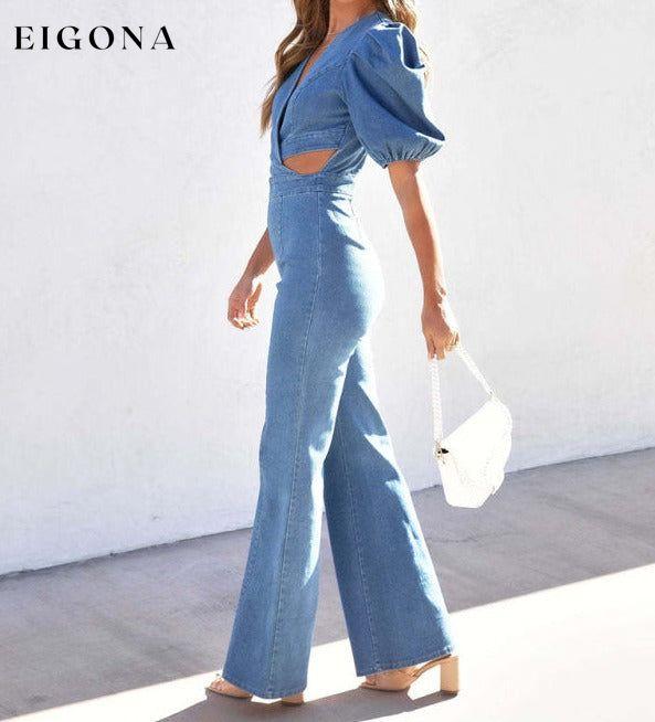 Women's Denim Slim Puff Sleeve Crossover Waist Jumpsuit Clothes denim Jumper Jumpsuit Rompers