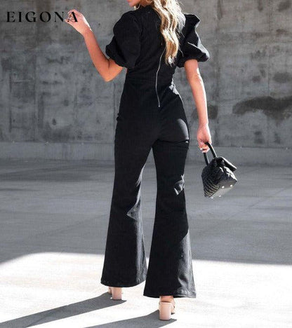 Women's Denim Slim Puff Sleeve Crossover Waist Jumpsuit Clothes denim Jumper Jumpsuit Rompers