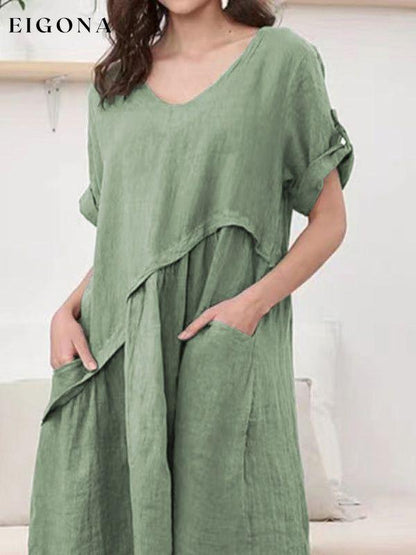 Women's Woven Linen V-Neck Design Sense Short Sleeve Dress Clothes dress dresses dressss