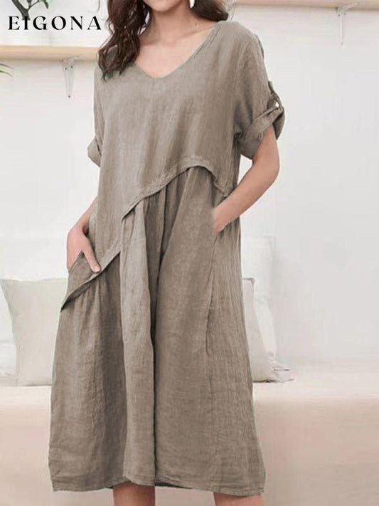 Women's Woven Linen V-Neck Design Sense Short Sleeve Dress Khaki Clothes dress dresses dressss