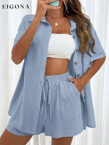 Loose-fit short-sleeve single-breasted shorts Two-piece solid-color shirt set 2 piece clothes sets short set