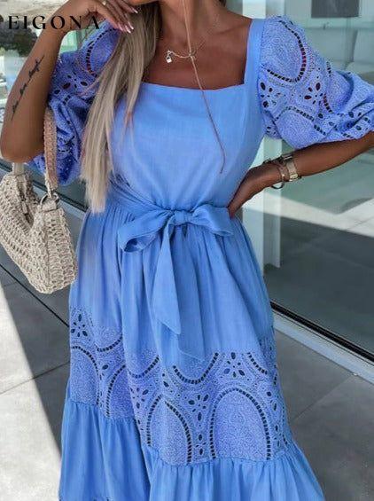 Women's Woven Square Neck Hollow Crochet Mosaic Loose Long Dress Clothes dresses maxi dress