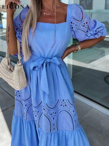 Women's Woven Square Neck Hollow Crochet Mosaic Loose Long Dress Lavender Clothes dresses maxi dress