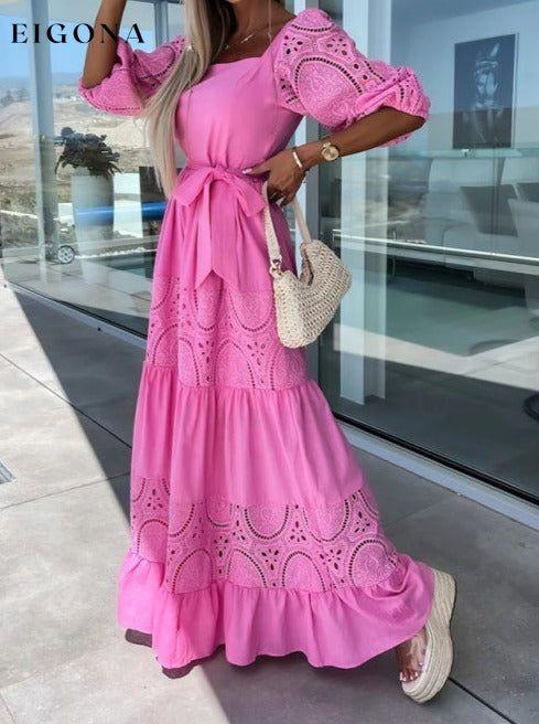 Women's Woven Square Neck Hollow Crochet Mosaic Loose Long Dress Pastel pink Clothes dresses maxi dress