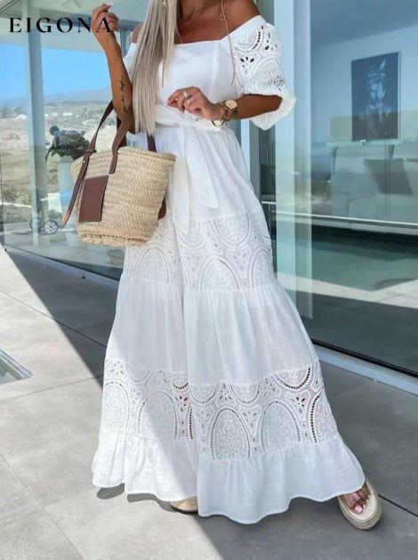 Women's Woven Square Neck Hollow Crochet Mosaic Loose Long Dress Clothes dresses maxi dress