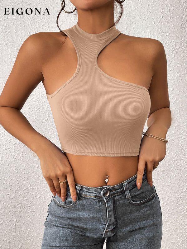 Women's Knitted Round Neck Cropped Asymmetrical Crop Tank Top Khaki clothes crop top croptop shirt shirts top tops