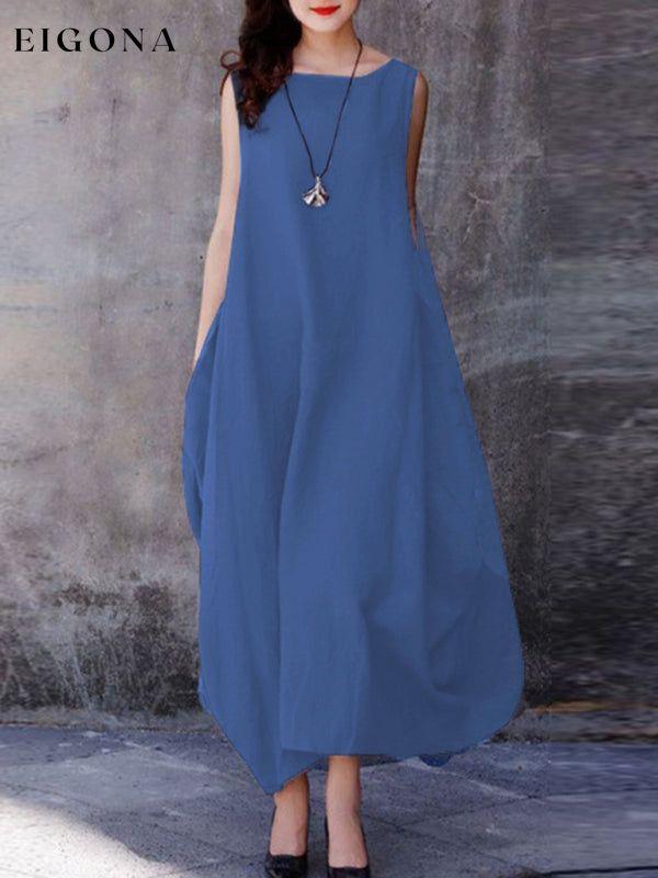 Loose Swing Casual Solid Color Round Neck Pockets dress Blue Clothes dresses maxi dress