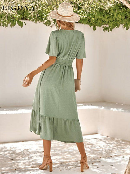 Women's summer new V-neck lotus leaf sleeve solid color dress Clothes