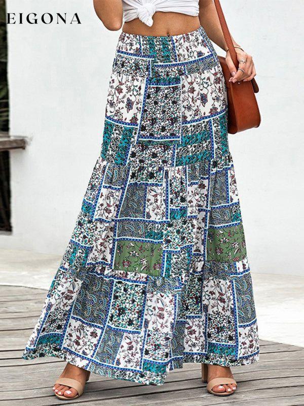 New printed skirt ethnic style high waist thin a-line skirt Blue bottoms clothes long skirt maxi skirt skirt